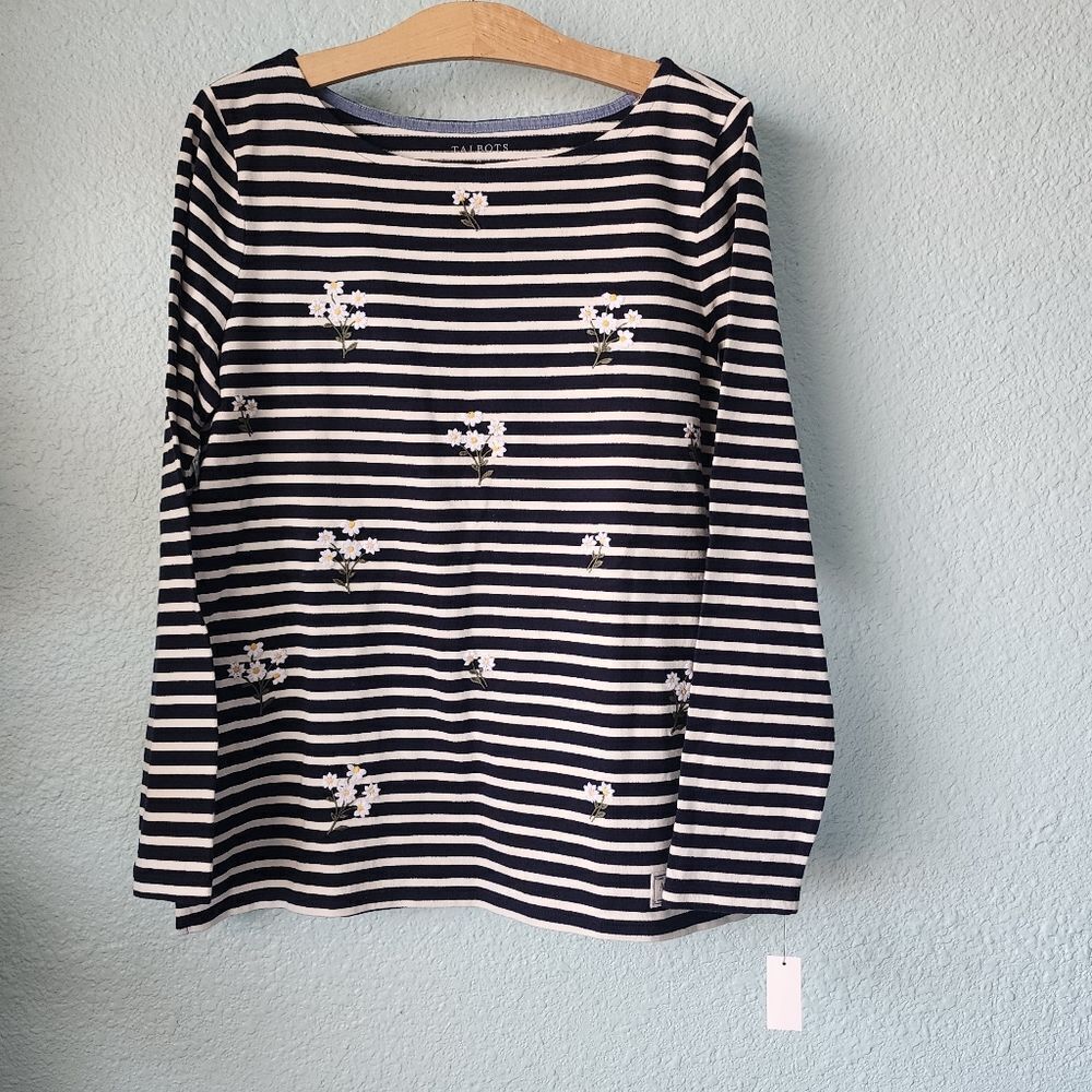 Talbots cotton daisies embroidery stripe coastal blouse
